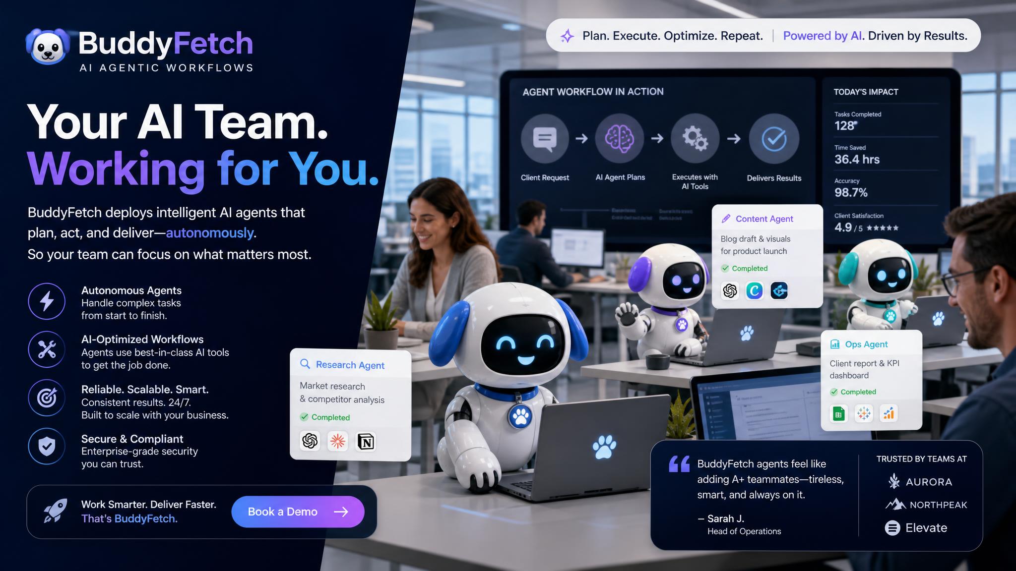 BuddyFetch AI agents at work in a modern office